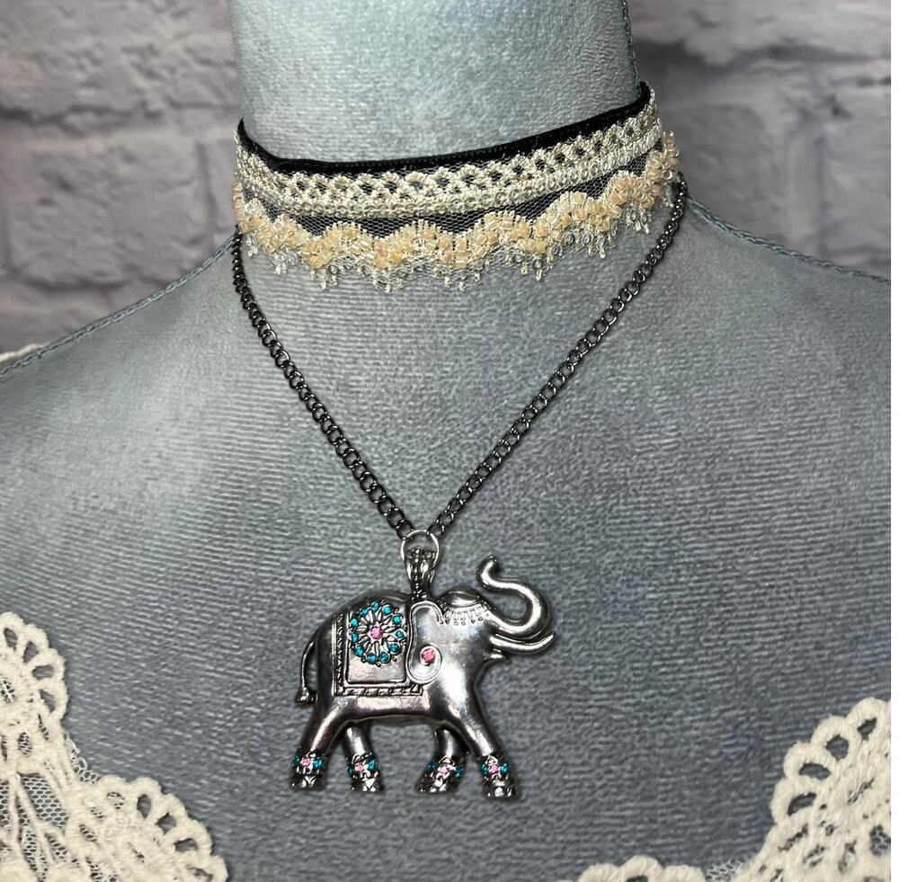 Handmade Bollywood Beaded Lace Choker with Upcycled Vintage Elephant Pendant